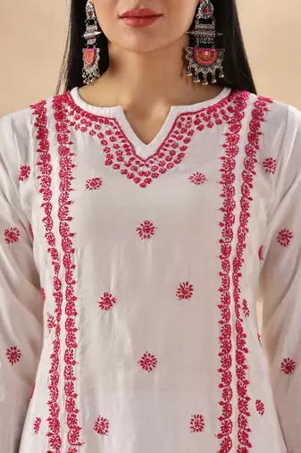 Women floral embroidered chikankari cotton  a-line kurta