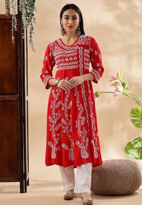 Women ethnic motifs embroidered chikankari anarkali kurta 1