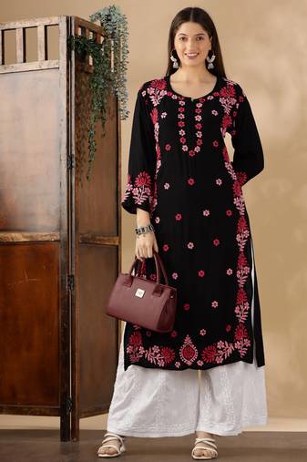 Chickenkari embroidered thread work cotton straight kurta