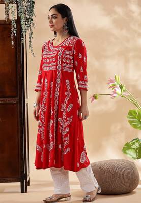 Women ethnic motifs embroidered chikankari anarkali kurta 4