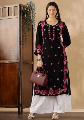 Women   s Black & Pink Chikankari Embroidered Kurta For Elegant Ethnic Wear 5