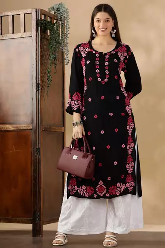 Women’s Black & Pink Chikankari Embroidered Kurta For Elegant Ethnic Wear