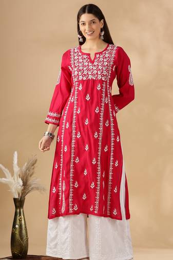 Chickenkari embroidered thread work chanderi cotton straight kurta