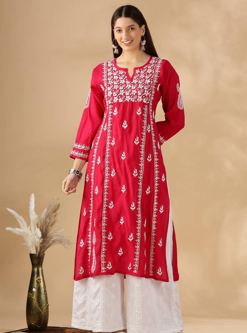 Chickenkari embroidered thread work chanderi cotton straight kurta