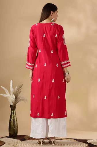 Chickenkari embroidered chanderi cotton kurta for womens 