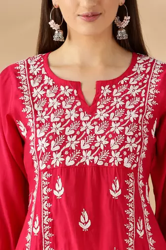 Chickenkari embroidered chanderi cotton kurta for womens 