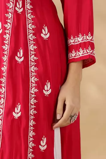 Chickenkari embroidered chanderi cotton kurta for womens 