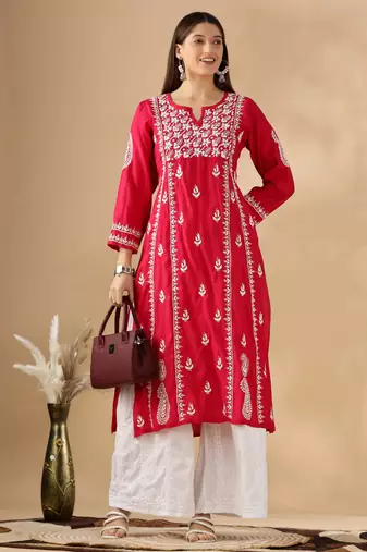 Chickenkari embroidered chanderi cotton kurta for womens 