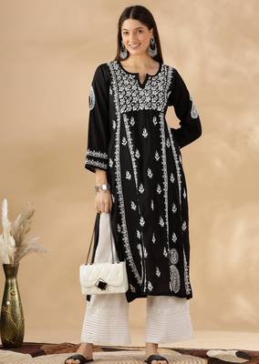 Chikankari embroidered thread work chanderi cotton straight kurta 1