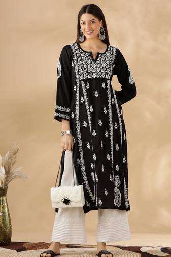 Chickenkari embroidered thread work chanderi cotton straight kurta