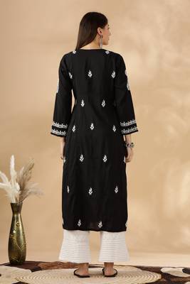 Chikankari embroidered thread work chanderi cotton straight kurta 2