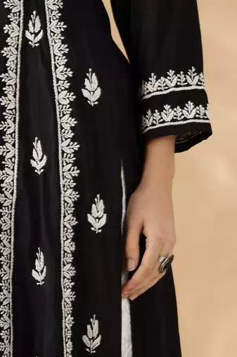 Chickenkari embroidered thread work chanderi cotton straight kurta