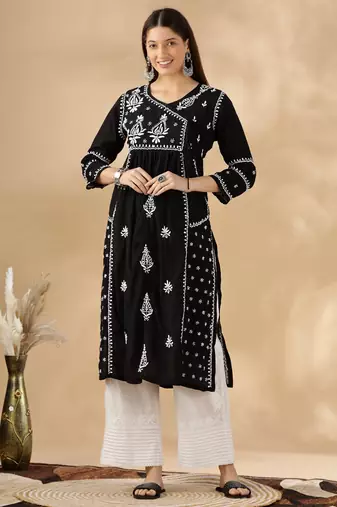 Chickenkari embroidered thread work chanderi cotton straight kurta