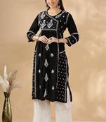 Chickenkari embroidered thread work chanderi cotton straight kurta