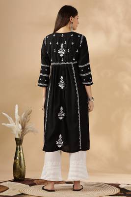 Chikankari embroidered thread work chanderi cotton straight kurta 2