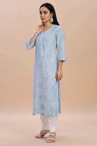 Women floral embroidered pure cotton straight chikankari kurta