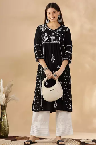 Chickenkari embroidered thread work chanderi cotton straight kurta