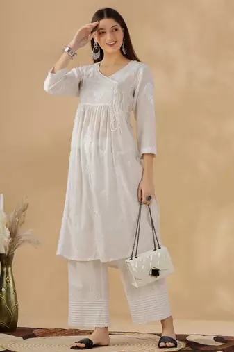 Chickenkari embroidered thread work chanderi cotton straight kurta