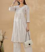 Chickenkari embroidered thread work chanderi cotton straight kurta