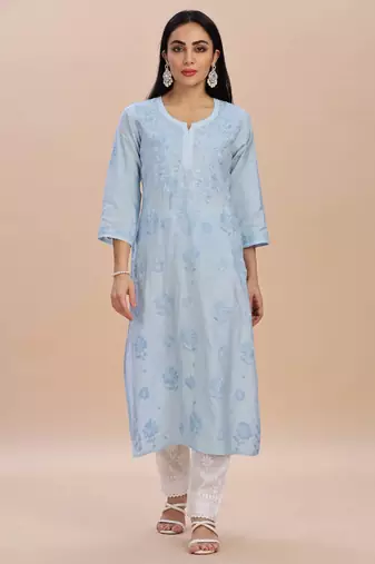 Women floral embroidered pure cotton straight chikankari kurta