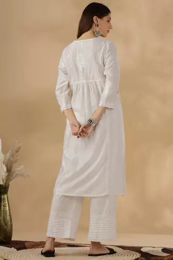 Women’s White Cotton Chikankari Embroidered Kurta Set with Pants