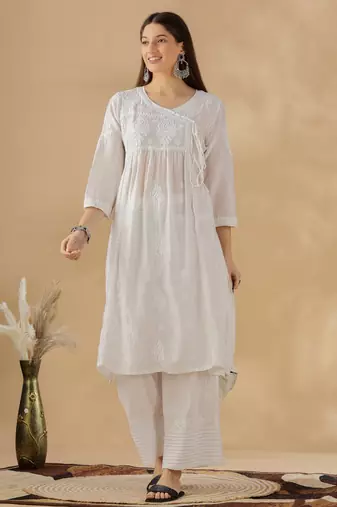 Women’s White Cotton Chikankari Embroidered Kurta Set with Pants