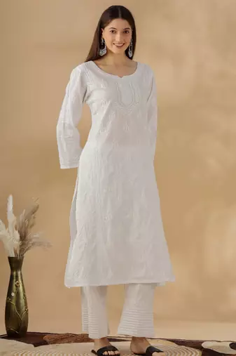 Chickenkari embroidered thread work chanderi cotton straight kurta