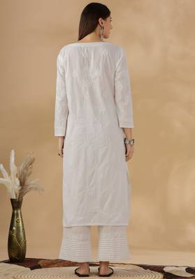 Women   s White Cotton Chikankari Embroidered Kurta Daily & Festive Wear for Women 2