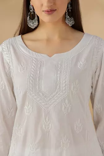 Women’s White Cotton Chikankari Embroidered Kurta Daily & Festive Wear for Women