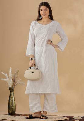 Women   s White Cotton Chikankari Embroidered Kurta Daily & Festive Wear for Women 5