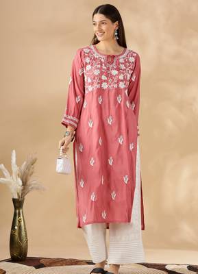 Chikankari embroidered thread work chanderi cotton straight kurta 1