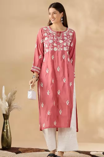 Chickenkari embroidered thread work chanderi cotton straight kurta