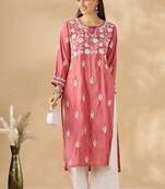 Chickenkari embroidered thread work chanderi cotton straight kurta