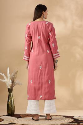 Chikankari embroidered thread work chanderi cotton straight kurta 2