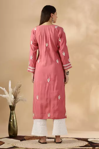 Chickenkari embroidered thread work chanderi cotton straight kurta