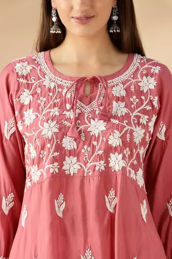 Chickenkari embroidered thread work chanderi cotton straight kurta