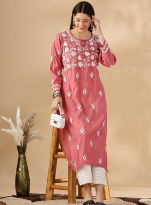 Chikankari embroidered thread work chanderi cotton straight kurta 5