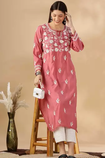 Chickenkari embroidered thread work chanderi cotton straight kurta