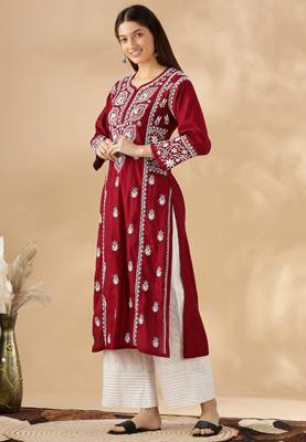 Elegant Red Chikankari Kurta Set for Women | Embroidered V-Neck Design 1