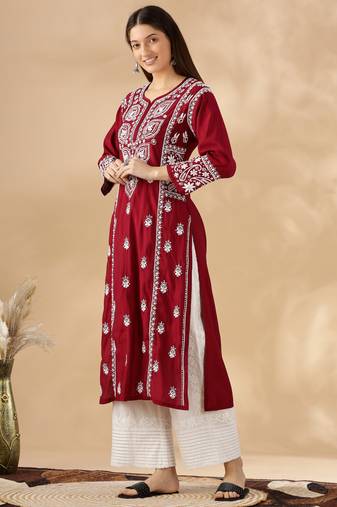 Chickenkari embroidered thread work chanderi cotton straight kurta