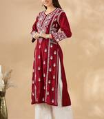 Chickenkari embroidered thread work chanderi cotton straight kurta