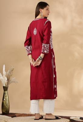 Elegant Red Chikankari Kurta Set for Women | Embroidered V-Neck Design 2