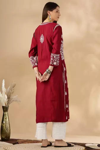 Elegant Red Chikankari Kurta Set for Women | Embroidered V-Neck Design