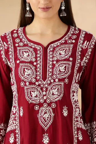 Elegant Red Chikankari Kurta Set for Women | Embroidered V-Neck Design