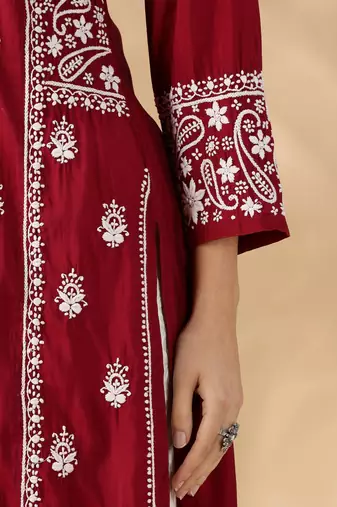 Elegant Red Chikankari Kurta Set for Women | Embroidered V-Neck Design