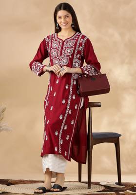 Elegant Red Chikankari Kurta Set for Women | Embroidered V-Neck Design 5
