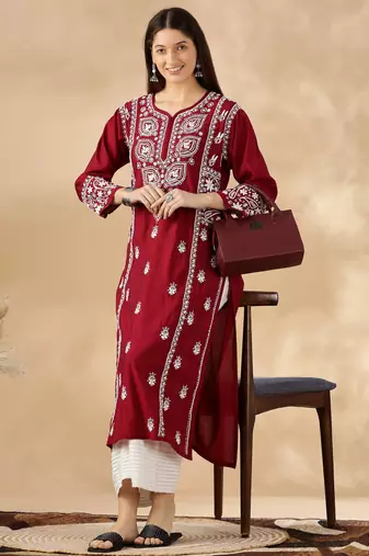 Elegant Red Chikankari Kurta Set for Women | Embroidered V-Neck Design