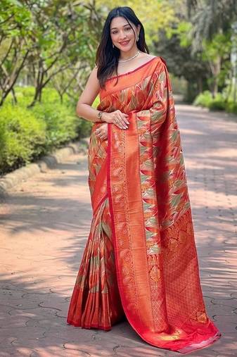 Red  Kanchipuram silk blend Saree 