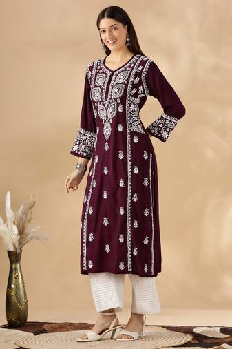 Chickenkari embroidered thread work chanderi cotton straight kurta