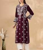 Chickenkari embroidered thread work chanderi cotton straight kurta